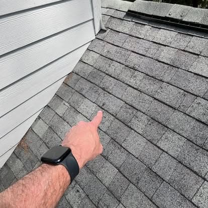 Person pointing at a sloped gray shingle roof with nearby building siding.