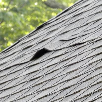 Damaged asphalt roof shingle with curled edge highlighting roof maintenance needs.