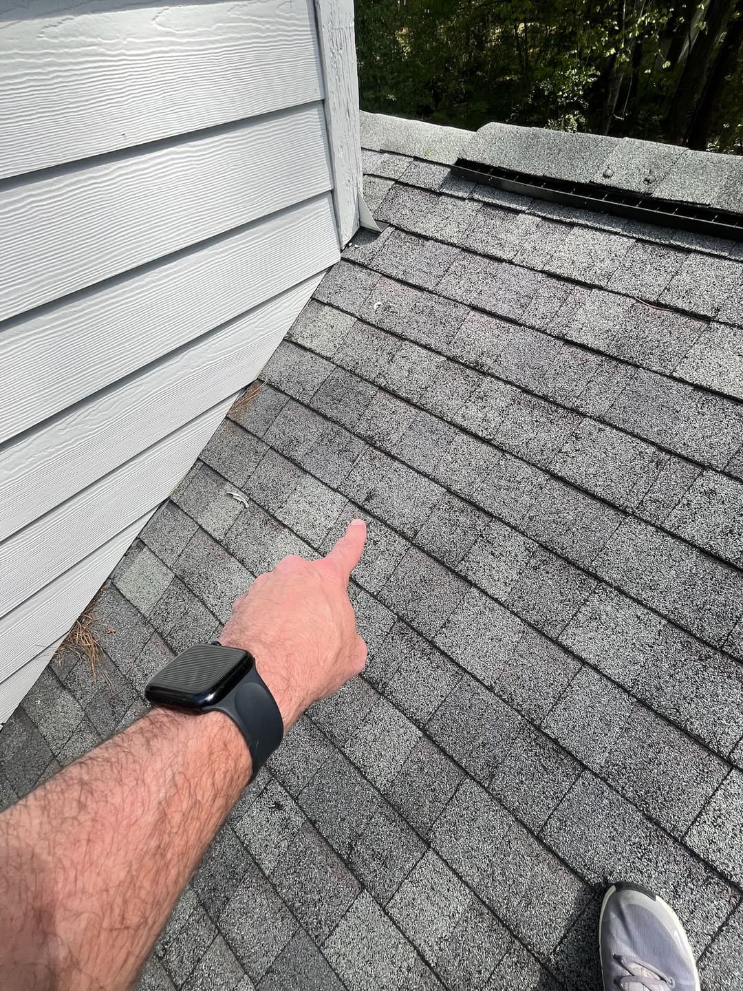 Person pointing at a sloped roof with shingles, highlighting possible maintenance concerns.